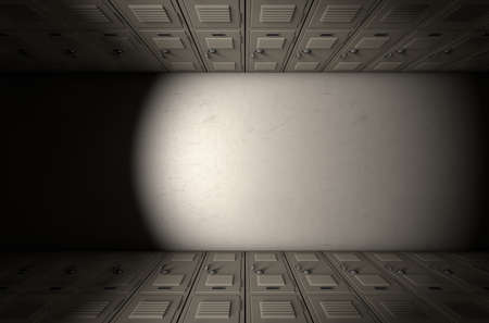 A direct top view of a row of regular school lockers in a corridor dramatically lit by a single spotlightの写真素材
