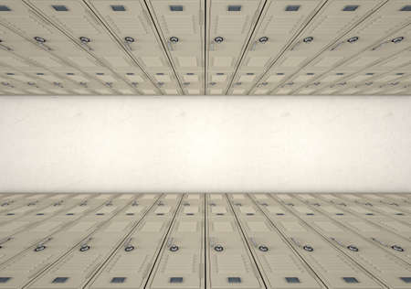 A direct top view of a row of regular school lockers in a corridorの写真素材