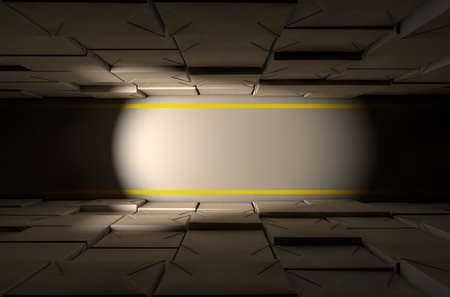 A direct top view of aisle of stacked wrapped boxes in a concrete warehouse dramatically lit by a dim spotlightの写真素材