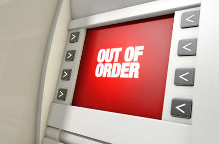 A closeup view of a red atm screen that reads out of orderの写真素材
