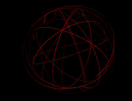 An abstract globe surrounded by orbiting light trails on a dark space background