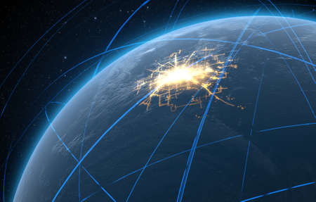A generic world planet with iluminated city lights surrounded by orbiting light trails on a dark...