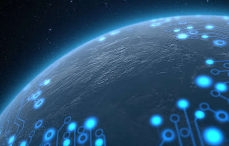 A generic world planet witha glowing data circuit network on a dark space backgroundの写真素材