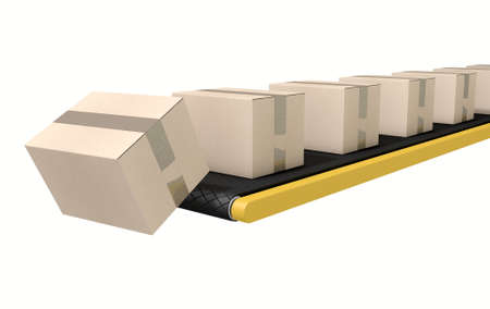 A regular belt conveyor system transporting cardboard boxes falling off the end on an isolated white...