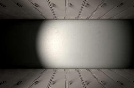 A direct top view of a row of regular school lockers in a corridorの写真素材