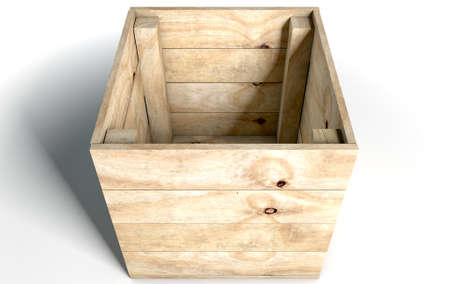 An open empty wooden box on an isolated white studio background