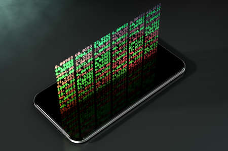 A generic smartphone projecting a hologram of a digital stock market indicator board with green and red numbersの写真素材