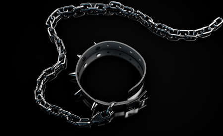 A black leather dog collar with metal spiked studs attached to a metal chain isolated on a dark...