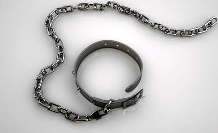 A black leather dog collar with metal spiked studs attached to a metal chain isolated on an isolated...