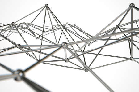 An abstract collection of atom like lattice made of metal on an isolated white studio background