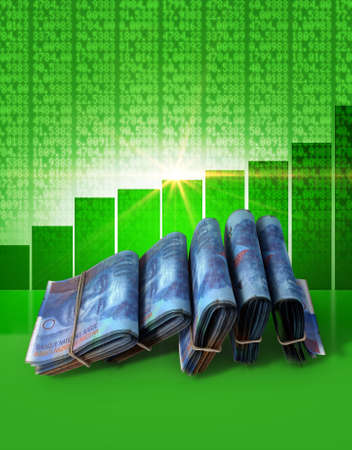 Wads of folded stacks of swiss franc banknotes on a green digital stock market indicator board...