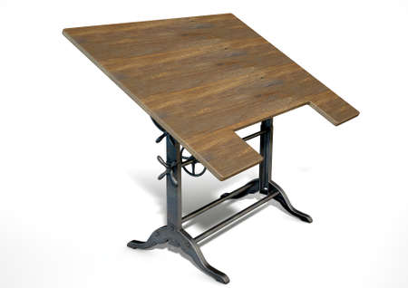A 3D rendering of an ornate vintage metal and wood drafting table on an isolate white studio...