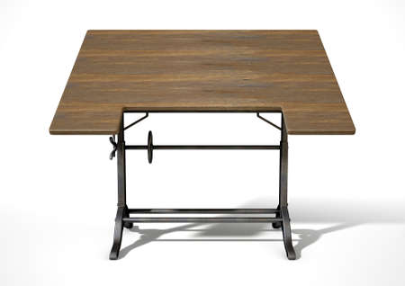 A 3D rendering of an ornate vintage metal and wood drafting table on an isolate white studio...