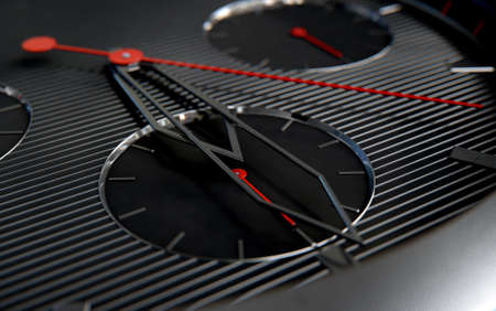 A 3D rendering of a macro closeup of a modern mens watch with elegant black and chrome finishes