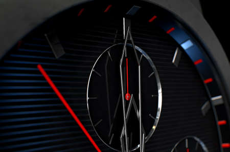 A 3D rendering of a macro closeup of a modern mens watch with elegant black and chrome finishes