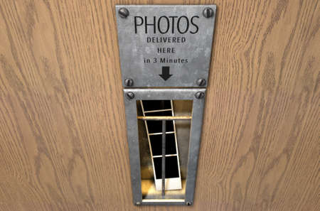A 3D render of an illuminated vintage photo booths retrieval slot with a photo strip in it on a wood...