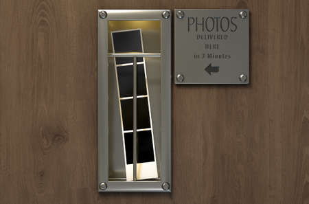 A 3D render of an illuminated vintage photo booths retrieval slot with a photo strip in it on a wood...