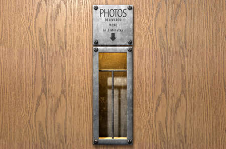 A 3D render of an empty illuminated vintage photo booths retrieval slot on a wood finished surface