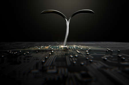 A 3D render of a macro view of a circuit board with a metal plant shoot growing out the centre on a...