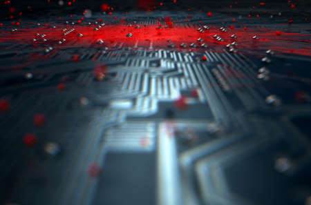 A 3D render of a macro view of a circuit board with a red apparent infection virus spreading from...