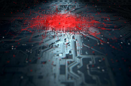 A 3D render of a macro view of a circuit board with a red apparent infection virus spreading from...