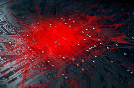 A 3D render of a macro view of a circuit board with a red apparent infection virus spreading from...