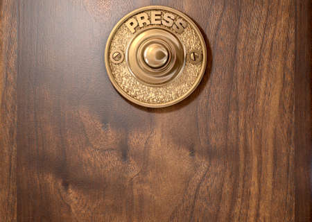 A 3D render of a vintage brass doorbell on an isolated wooden background