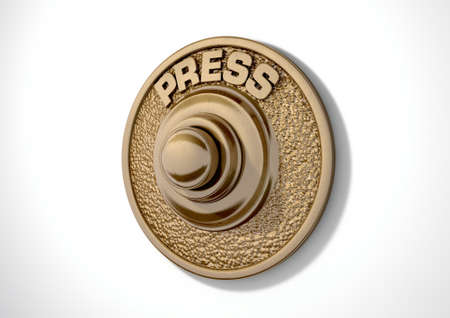 A 3D render of a vintage brass doorbell on an isolated white studio background
