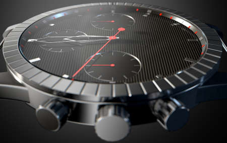A 3D rendering of a macro closeup of a modern mens watch with elegant black and chrome finishes on a...