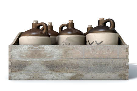 A 3D render of a collection of five vintage moonshine jugs in a wooden carry crate on an isolated white studio backgroundの写真素材