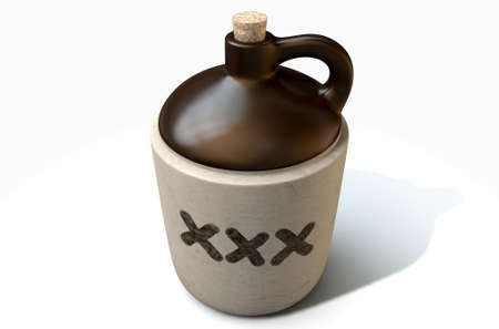 A 3D render of a vintage moonshine jug on an isolated white studio background