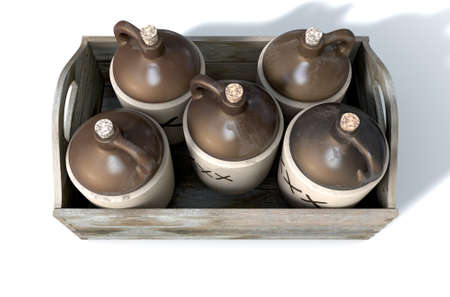 A 3D render of a collection of five vintage moonshine jugs in a wooden carry crate on an isolated...