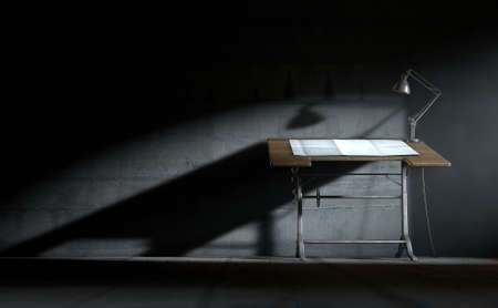 A 3D rendering of a vintage draftsmans desk with a classic desk lamp and a sheet of blank paper on an dark room backgroundの写真素材