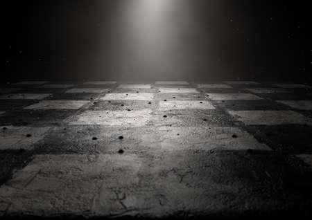 A 3D render of a dirty chessboard spotlit by a single light on a dark backgroundの写真素材