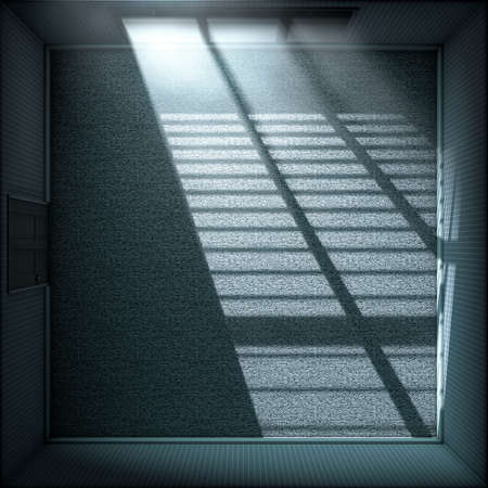 A 3D render of an empty bedroom with bright moonlight illuminating through blinds