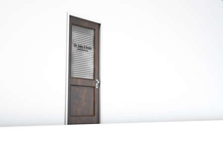 A 3D render of a wooden door with a glass section covered by a closed shutter  with a doctors name as signage on an isolated white room backgroundの写真素材