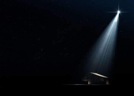 A 3D render of an abstract depiction of the nativity scene of christs birth in bethlehem with an isolated stable being spotlit by a bright star on  dark starry night backgroundの写真素材