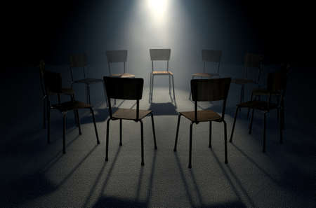 A 3D render concept of a group of chairs in a circular formation with one chair highlighted by a single moody spotlight on a dark backgroundの写真素材