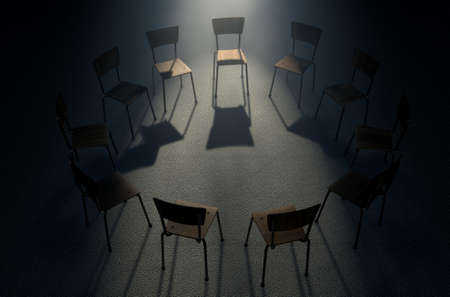 A 3D render concept of a group of chairs in a circular formation with one chair highlighted by a single moody spotlight on a dark backgroundの写真素材