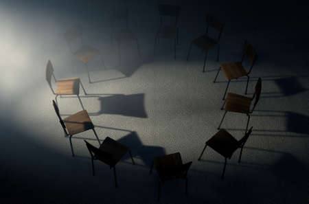 A 3D render concept of a group of chairs in a circular formation with one chair highlighted by a single moody spotlight on a dark backgroundの写真素材