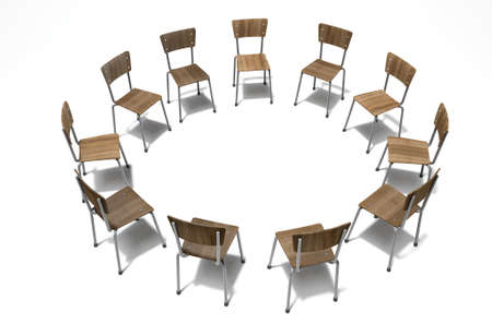 A 3D render concept of a group of chairs in a circular formation symbolizing a group therapy in session on an isolated white studio backgroundの写真素材