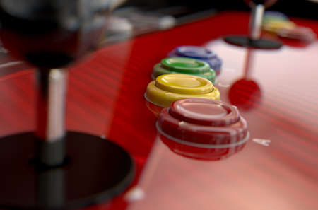A 3D render of a vintage computer game machine control surface with joysticks and various colored...