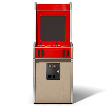 A 3D render of a vintage red unbranded arcade machine with controls and buttons and a blank screen on an isolated white backgroundの写真素材