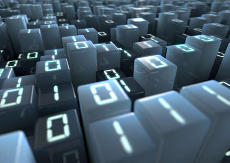 A 3D render of a microscopic closeup concept of small cubes in a random layout with illuminated...