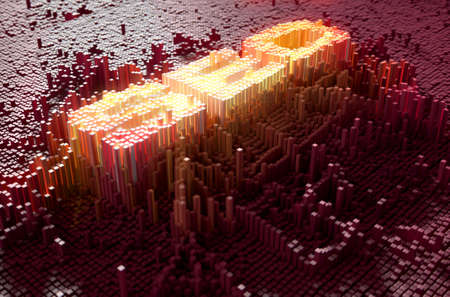 A 3D render of a microscopic closeup concept of small cubes in a random layout that build up to form...
