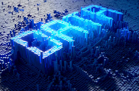 A 3D render of a microscopic closeup concept of small cubes in a random layout that build up to form the word DATA illuminatedの写真素材