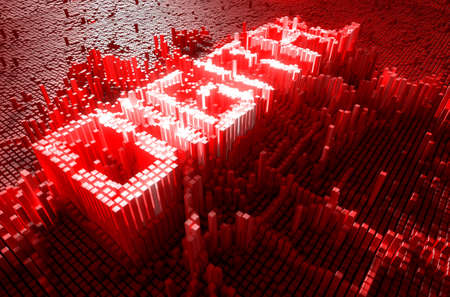A 3D render of a microscopic closeup concept of small cubes in a random layout that build up to form the word DIGITAL illuminatedの写真素材