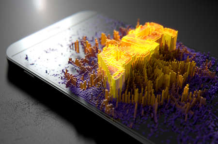 A 3D render of a modern generic smart phone screen emanating small pixels at random that build up to...