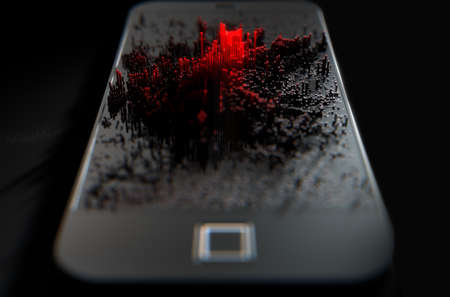 A 3D render of a modern generic smart phone screen emanating small red pixels at random that build up to form resemble a graph or infectionの写真素材