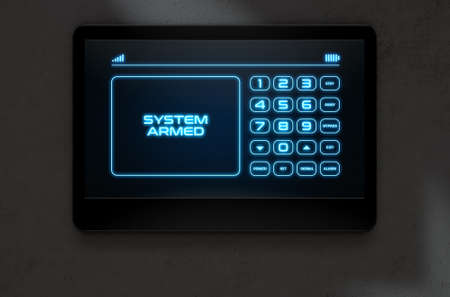 A 3D render of a modern touch screen interactive home security keypad access panel with an...